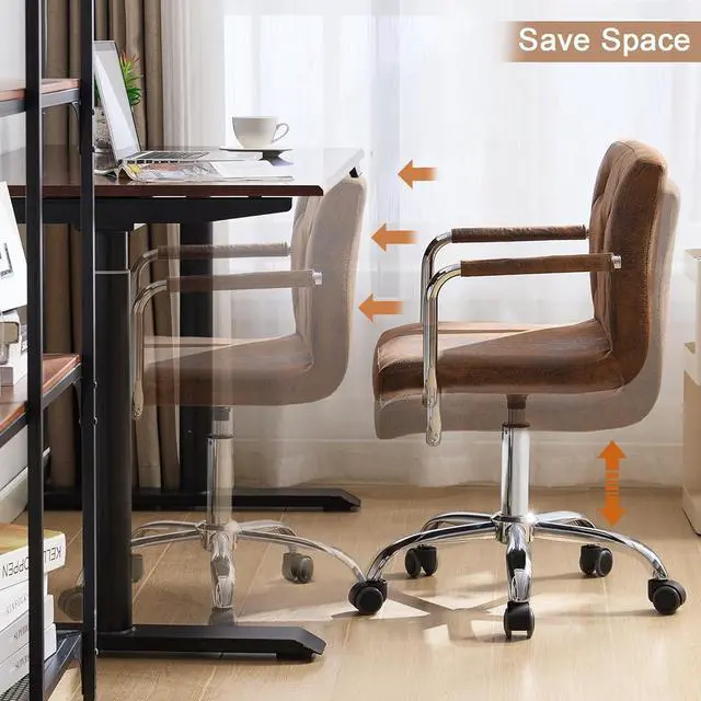 Alt view image 6 of 7 - VECELO Rolling Work Desk Chair with Swivel Wheels and Armrests PU Leather Midback Adjustable Height for Home Office/Study, Brown, Set of 1