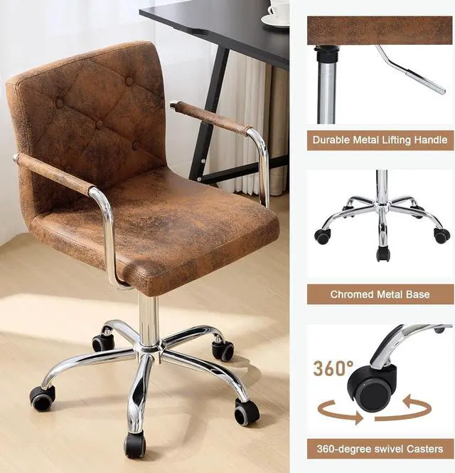 Alt view image 4 of 7 - VECELO Rolling Work Desk Chair with Swivel Wheels and Armrests PU Leather Midback Adjustable Height for Home Office/Study, Brown, Set of 1