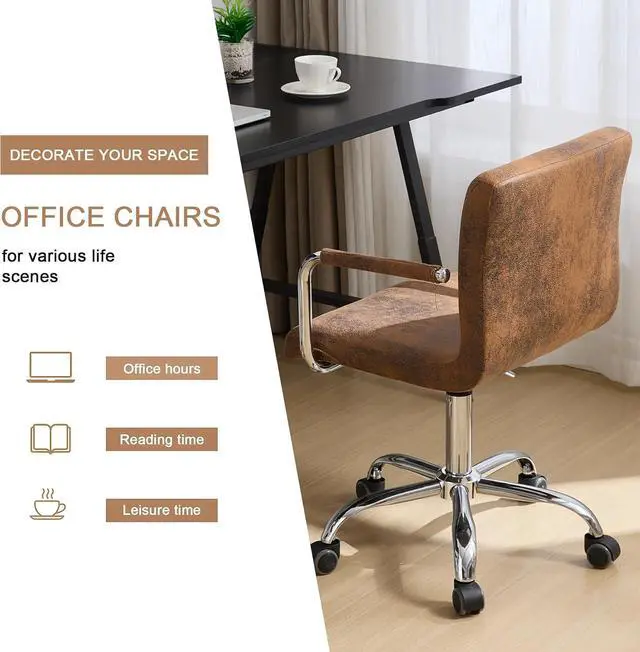 Alt view image 7 of 7 - VECELO Rolling Work Desk Chair with Swivel Wheels and Armrests PU Leather Midback Adjustable Height for Home Office/Study, Brown, Set of 1