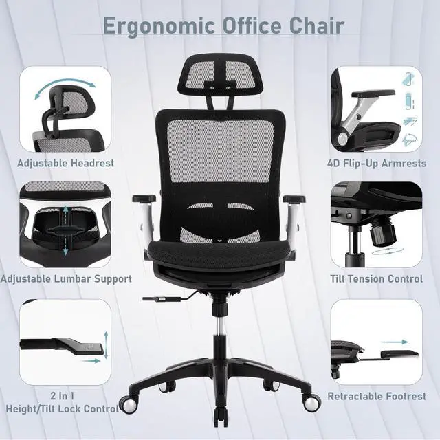 Alt view image 4 of 7 - COLAMY Executive Mesh Office Chair with Footrest, Ergonomic Chair High Back with Adjustable Lumbar Support, Computer Desk Chair for Office/Work-Black