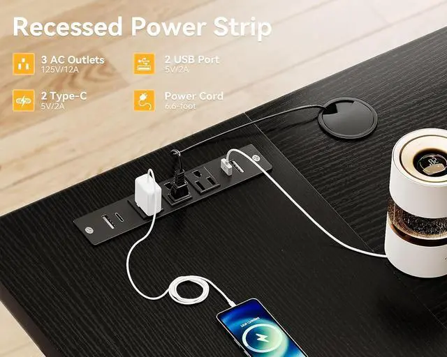 Alt view image 5 of 6 - Coleshome 71 Inch Executive Desk with USB Ports, Computer Office Desk, Large Mordern Writing Table, Workstation Business Furniture for Home Office, Black