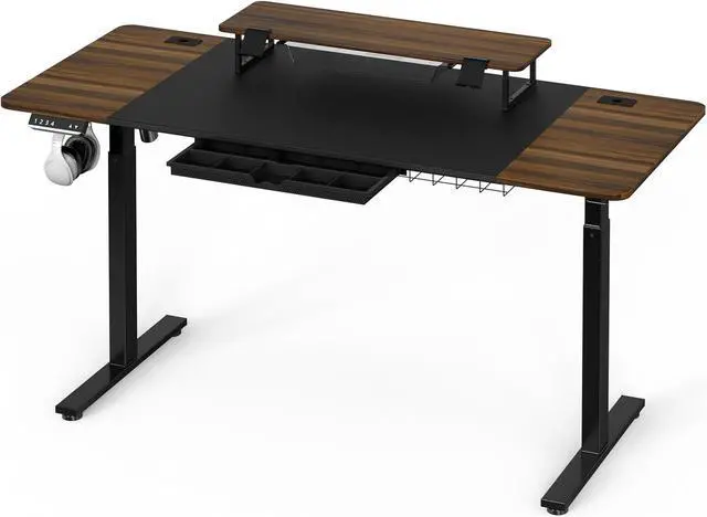 Main image of SHW 62-Inch Extra Large Electric Height Adjustable Standing Desk with Monitor Riser and Drawer, 62 x 28 Inches, Walnut