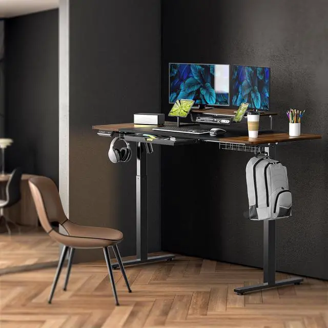 Alt view image 2 of 7 - SHW 62-Inch Extra Large Electric Height Adjustable Standing Desk with Monitor Riser and Drawer, 62 x 28 Inches, Walnut
