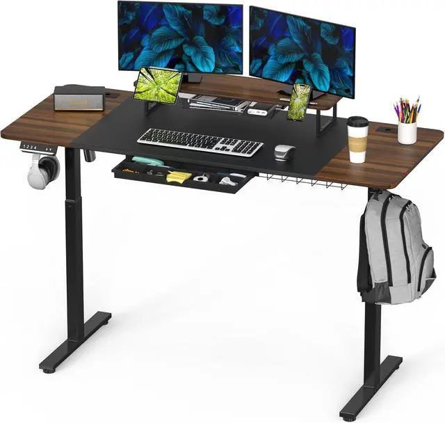 Alt view image 4 of 7 - SHW 62-Inch Extra Large Electric Height Adjustable Standing Desk with Monitor Riser and Drawer, 62 x 28 Inches, Walnut