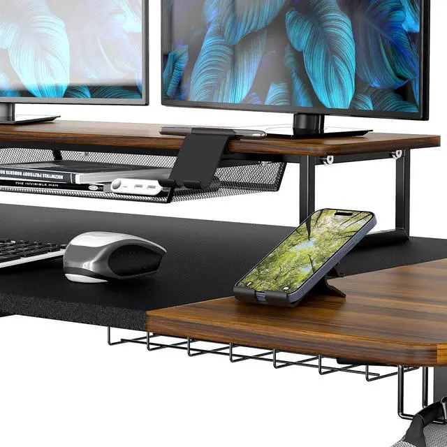 Alt view image 5 of 7 - SHW 62-Inch Extra Large Electric Height Adjustable Standing Desk with Monitor Riser and Drawer, 62 x 28 Inches, Walnut