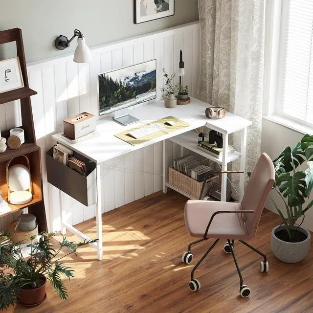 Alt view image 2 of 7 - Cubiker L Shaped Desk, 40" Computer Desk with Reversible Storage Shelves Home Office Corner Desk Study Writing Gaming Table, White