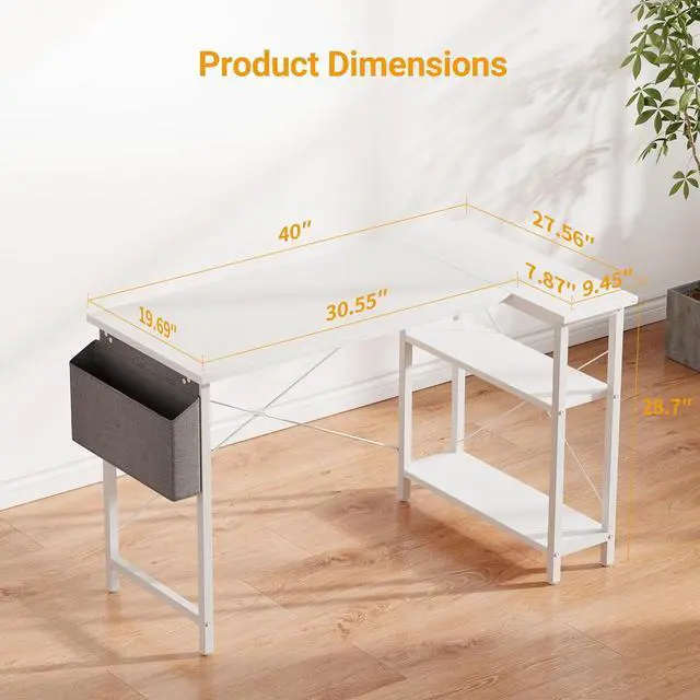 Alt view image 3 of 7 - Cubiker L Shaped Desk, 40" Computer Desk with Reversible Storage Shelves Home Office Corner Desk Study Writing Gaming Table, White
