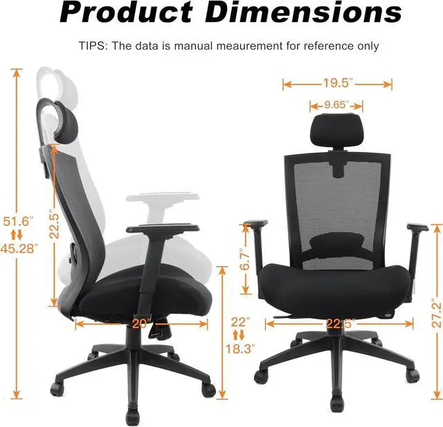 Alt view image 3 of 7 - Ergonomic Office Chair for Big and Tall People, 400lb Computer Desk Chair with Adjustable 2D Headrest, Lumbar Support &2D Armrests, 5 Inch Thick Foam Cushion Seat, Mesh Rolling Chair for Work & Gaming
