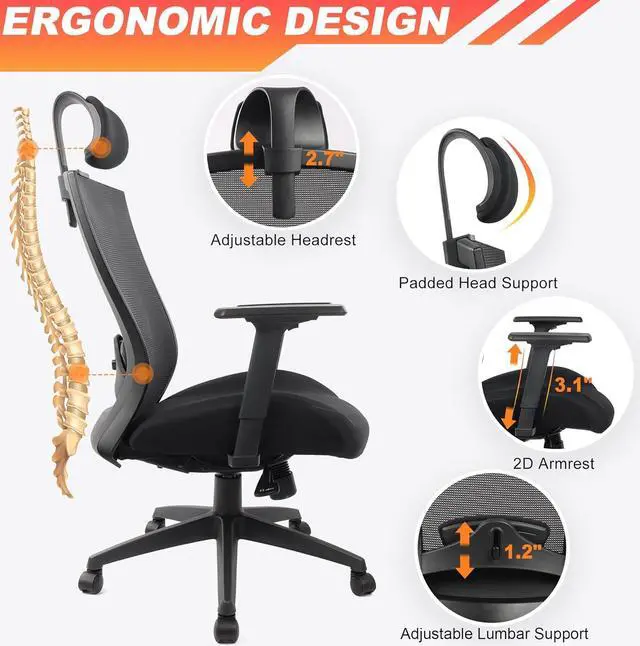 Alt view image 5 of 7 - Ergonomic Office Chair for Big and Tall People, 400lb Computer Desk Chair with Adjustable 2D Headrest, Lumbar Support &2D Armrests, 5 Inch Thick Foam Cushion Seat, Mesh Rolling Chair for Work & Gaming