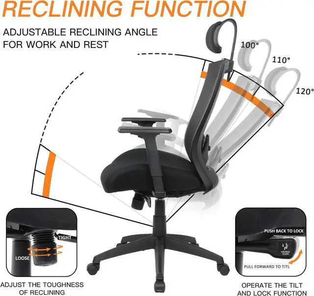 Alt view image 7 of 7 - Ergonomic Office Chair for Big and Tall People, 400lb Computer Desk Chair with Adjustable 2D Headrest, Lumbar Support &2D Armrests, 5 Inch Thick Foam Cushion Seat, Mesh Rolling Chair for Work & Gaming