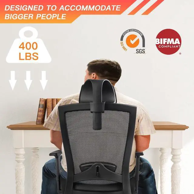 Alt view image 6 of 7 - Ergonomic Office Chair for Big and Tall People, 400lb Computer Desk Chair with Adjustable 2D Headrest, Lumbar Support &2D Armrests, 5 Inch Thick Foam Cushion Seat, Mesh Rolling Chair for Work & Gaming