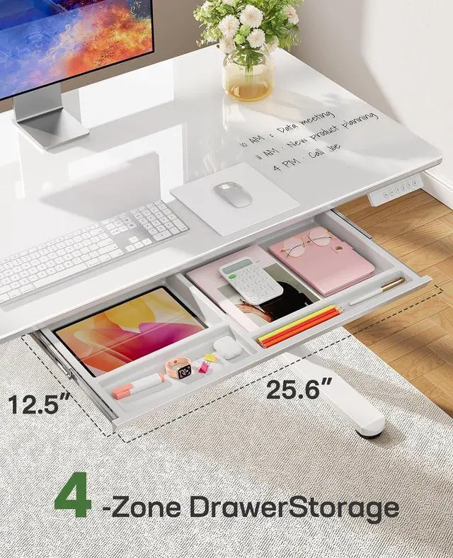 Alt view image 2 of 7 - Marsail Glass Standing Desk with Drawer, 55 x 28 Inches Adjustable Desk, Home Office Desks with One-Piece Tempered Glass Top, Ergonomic Home Office Sit Stand Desk with 4 Preset Heights, White