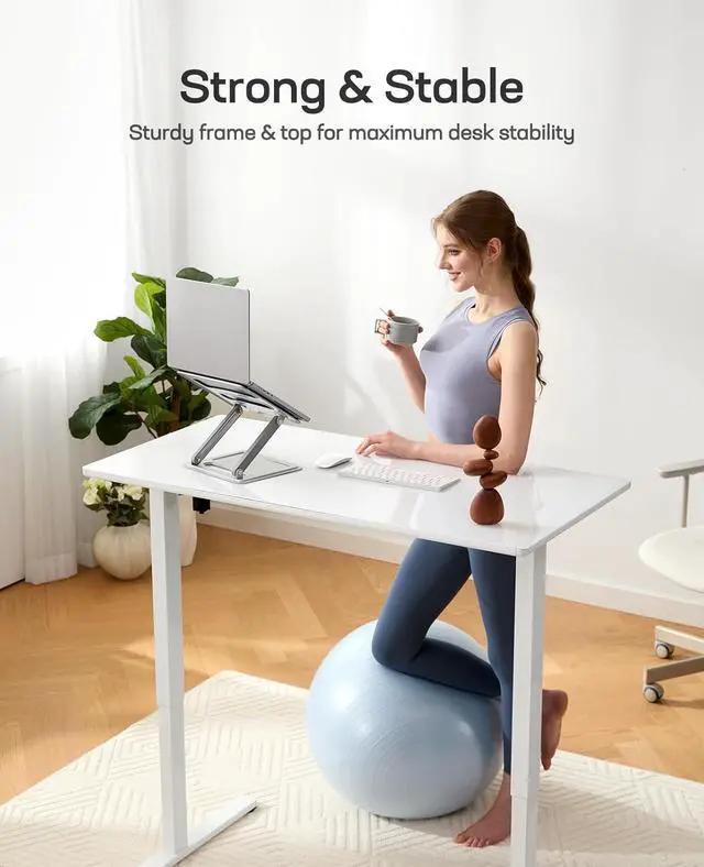 Alt view image 3 of 7 - Marsail Glass Standing Desk with Drawer, 55 x 28 Inches Adjustable Desk, Home Office Desks with One-Piece Tempered Glass Top, Ergonomic Home Office Sit Stand Desk with 4 Preset Heights, White