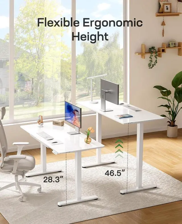 Alt view image 5 of 7 - Marsail Glass Standing Desk with Drawer, 55 x 28 Inches Adjustable Desk, Home Office Desks with One-Piece Tempered Glass Top, Ergonomic Home Office Sit Stand Desk with 4 Preset Heights, White