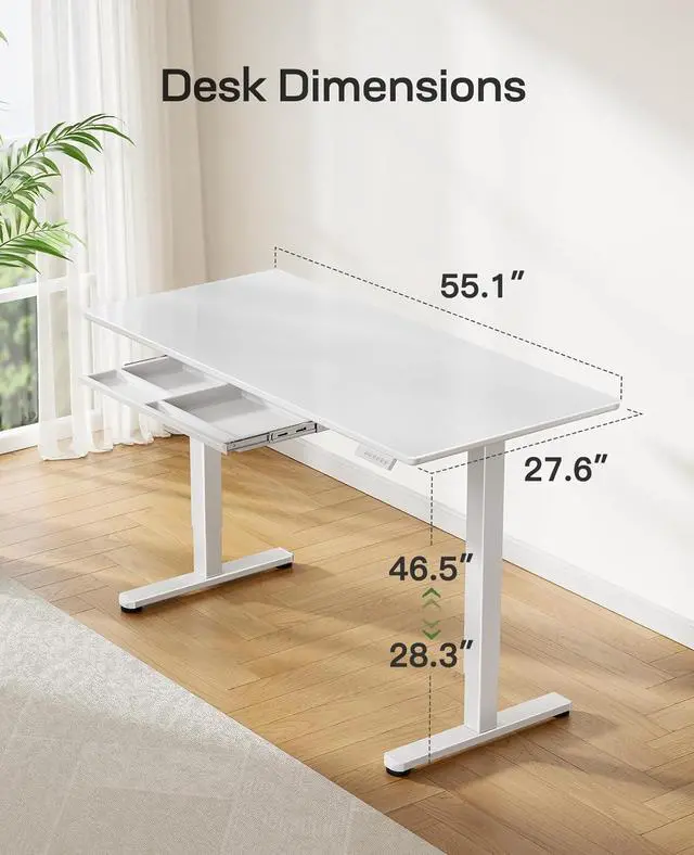 Alt view image 6 of 7 - Marsail Glass Standing Desk with Drawer, 55 x 28 Inches Adjustable Desk, Home Office Desks with One-Piece Tempered Glass Top, Ergonomic Home Office Sit Stand Desk with 4 Preset Heights, White
