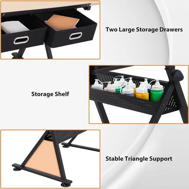 Alt view image 5 of 7 - Drafting Table Drawing Desk Art&Craft Work Station Height Adjustable Tilting Tabletop Craft Table Desk w/Stool and 2 Storage Drawers for Home Office Study Room, Natural