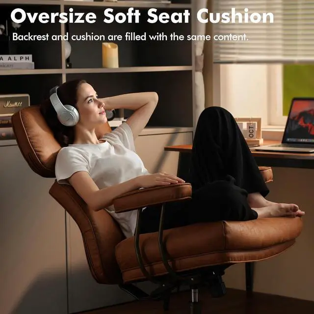 Alt view image 3 of 7 - High Back Executive Office Chair with Comfortable Deep Seat,Brown Mid Century Modern Office Chair,Ergonomic Big and Tall Computer Desk Chairs with Lumbar Support(Light Brown Suede)