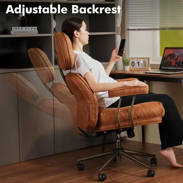 Alt view image 4 of 7 - High Back Executive Office Chair with Comfortable Deep Seat,Brown Mid Century Modern Office Chair,Ergonomic Big and Tall Computer Desk Chairs with Lumbar Support(Light Brown Suede)