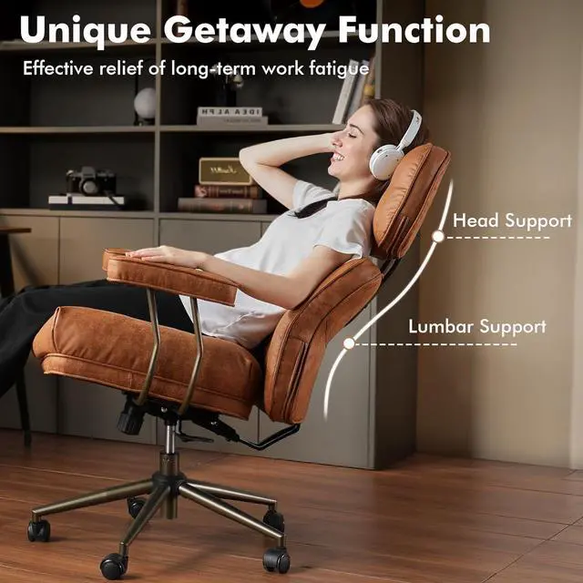 Alt view image 5 of 7 - High Back Executive Office Chair with Comfortable Deep Seat,Brown Mid Century Modern Office Chair,Ergonomic Big and Tall Computer Desk Chairs with Lumbar Support(Light Brown Suede)
