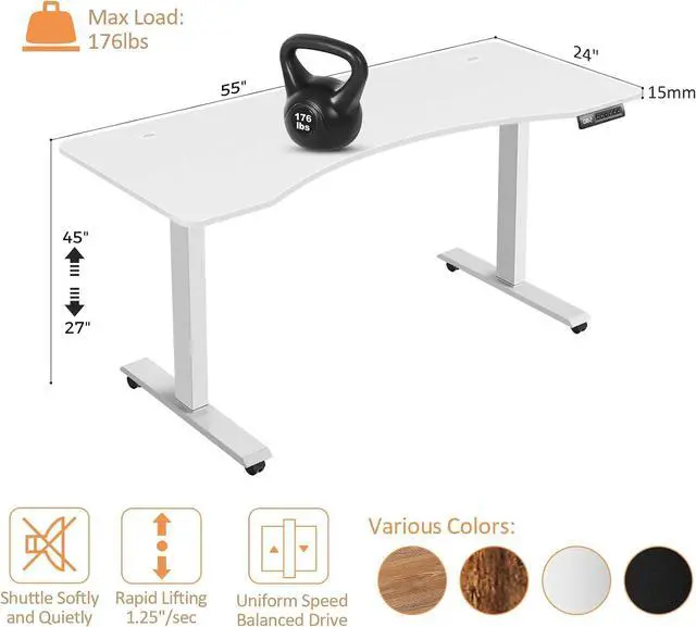 Alt view image 2 of 7 - Electric Standing Ergonomic Desk 55 x 24 Inches Adjustable Height Sit Stand Up Desk for Home Office Computer Gaming with Memory Preset, Headphone Hook, Wheels (White Frame & White Top)