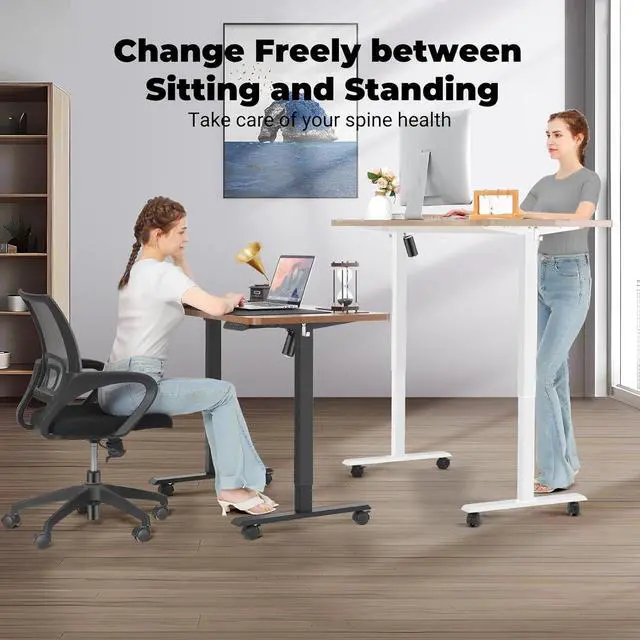 Alt view image 2 of 7 - Standing Desk 63 x 24 in Adjustable Height,Electric Stand Up Desk,Curved Sit Stand Home Office Computer Desk with casters, Mouse pad and Headphone Hook(White)