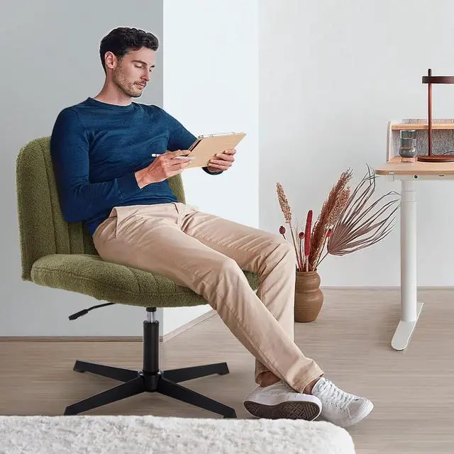 Alt view image 2 of 7 - Criss Cross Chair, Velvet Cross Legged Office Chair no Wheels, Armless Wide Seat Desk Chair with Adjustable Height for Home, Vanity, Bedroom (Green)