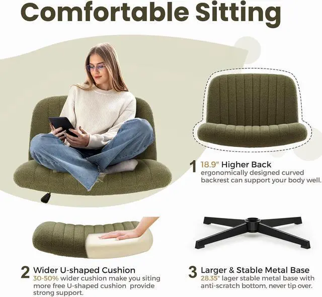 Alt view image 4 of 7 - Criss Cross Chair, Velvet Cross Legged Office Chair no Wheels, Armless Wide Seat Desk Chair with Adjustable Height for Home, Vanity, Bedroom (Green)