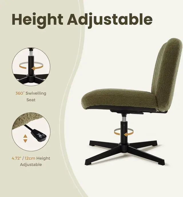 Alt view image 5 of 7 - Criss Cross Chair, Velvet Cross Legged Office Chair no Wheels, Armless Wide Seat Desk Chair with Adjustable Height for Home, Vanity, Bedroom (Green)