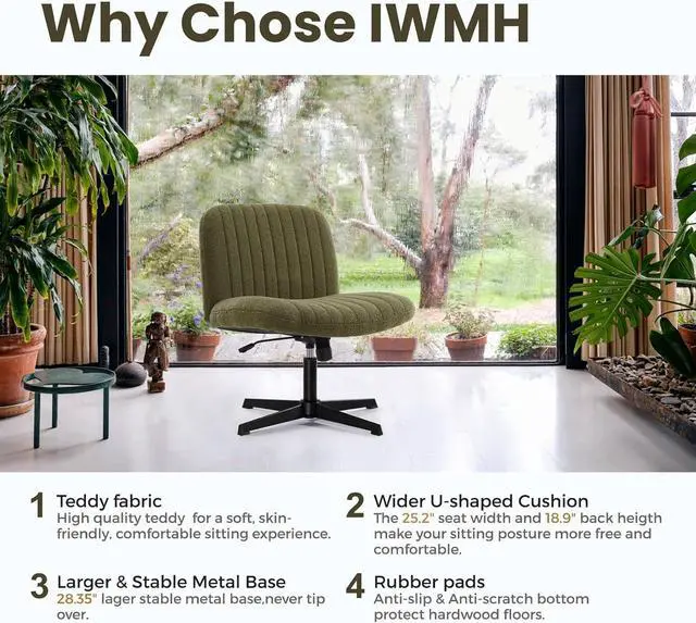 Alt view image 7 of 7 - Criss Cross Chair, Velvet Cross Legged Office Chair no Wheels, Armless Wide Seat Desk Chair with Adjustable Height for Home, Vanity, Bedroom (Green)