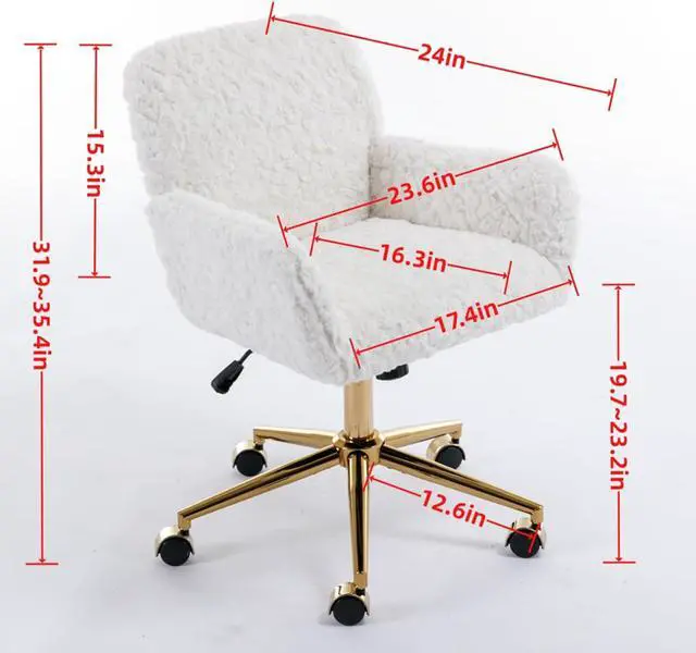 Alt view image 2 of 7 - Faux Fur Home Office Chair for Women Girl, Vanity Makeup Desk Chair with Wheels Upholstered Height Adjustable Armchair with Gold Metal Base Living Room Bedroom Office Vanity