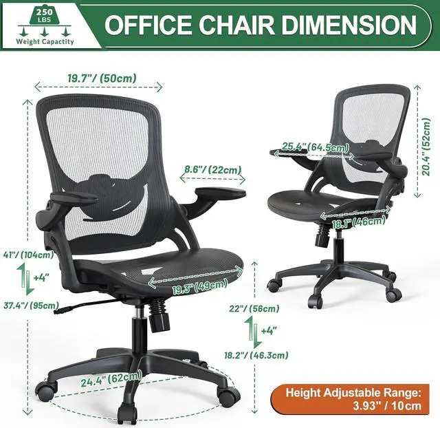 Alt view image 2 of 6 - Ergonomic Comfy Mesh Home Office Computer Desk Chair with Height Adjustable Lumbar Support with Flip up Arms for Adult