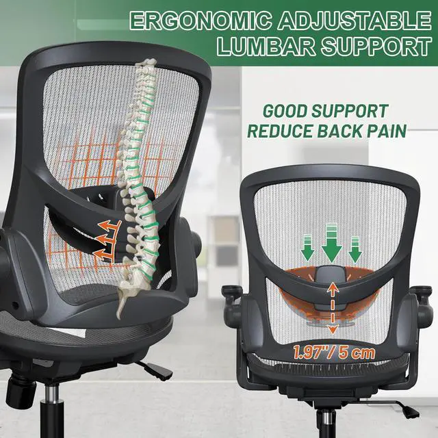 Alt view image 3 of 6 - Ergonomic Comfy Mesh Home Office Computer Desk Chair with Height Adjustable Lumbar Support with Flip up Arms for Adult