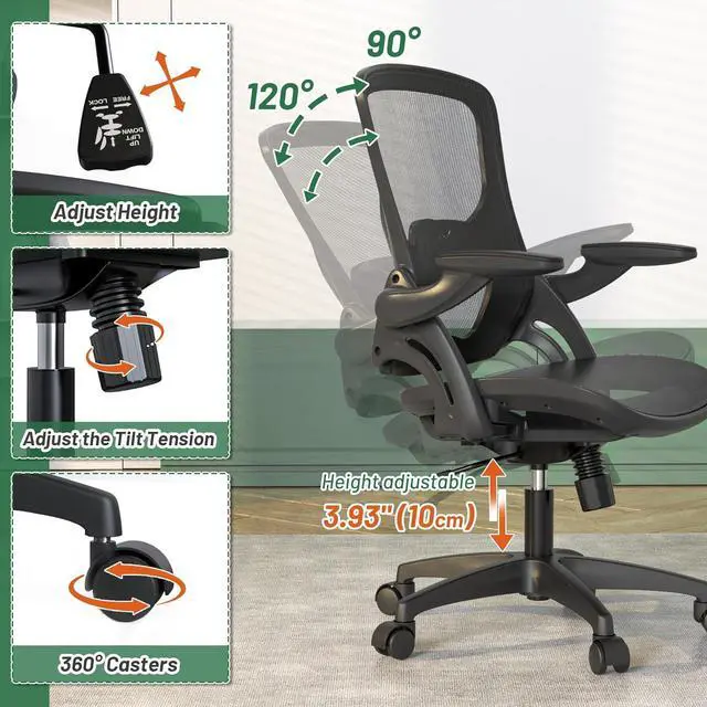 Alt view image 5 of 6 - Ergonomic Comfy Mesh Home Office Computer Desk Chair with Height Adjustable Lumbar Support with Flip up Arms for Adult