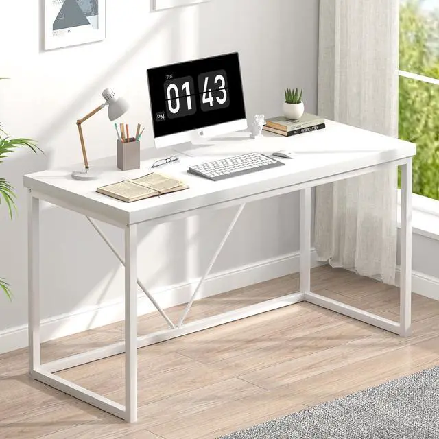 Main image of EXCEFUR White Computer Desk, Modern Home Office Desk, Small Wood Study Writing Table Workstation for Bedroom Living Room, 47 inch