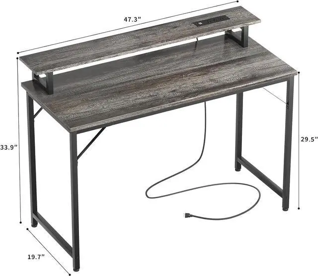 Alt view image 3 of 7 - 47 inch Computer Desk with Power Outlets, Gaming Desk with LED Lights, Home Office Work Desk with Monitor Shelf, Modern Office Desk Study Writing Table for Small Spaces, Black Oak