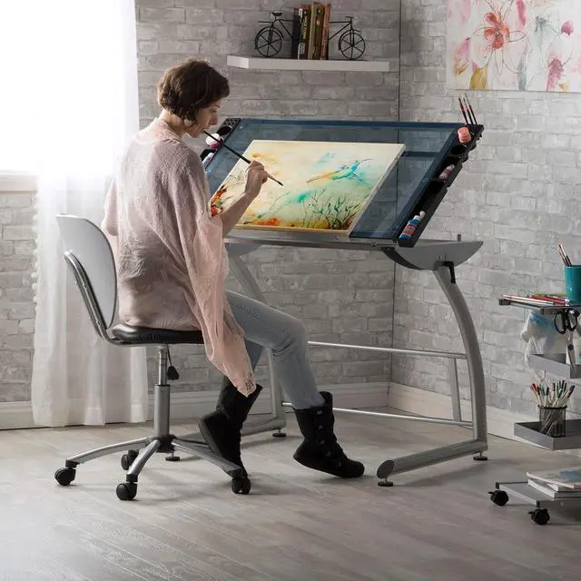 Alt view image 2 of 7 - SD Studio Designs Triflex Drawing Table, Sit to Stand Up Adjustable Office Home Computer Desk, 35.25" W X 23.5" D, Silver/Blue Glass