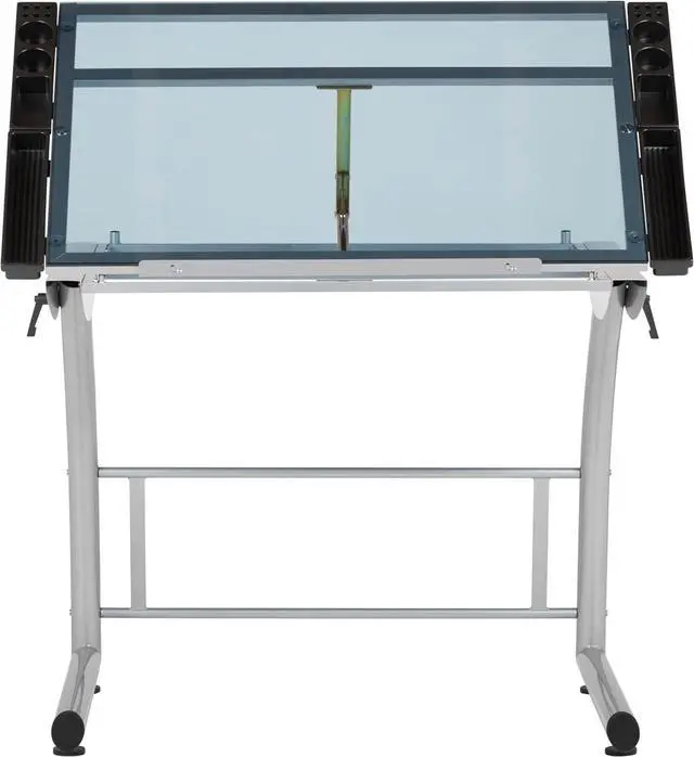 Alt view image 4 of 7 - SD Studio Designs Triflex Drawing Table, Sit to Stand Up Adjustable Office Home Computer Desk, 35.25" W X 23.5" D, Silver/Blue Glass