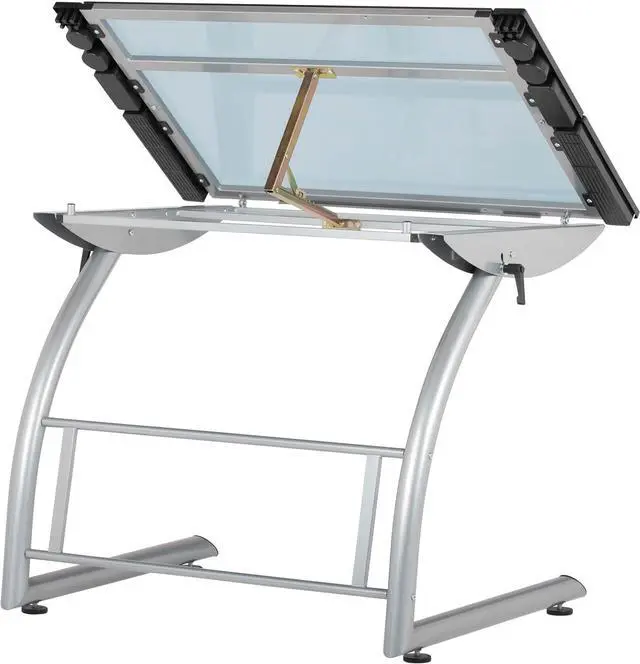 Alt view image 6 of 7 - SD Studio Designs Triflex Drawing Table, Sit to Stand Up Adjustable Office Home Computer Desk, 35.25" W X 23.5" D, Silver/Blue Glass