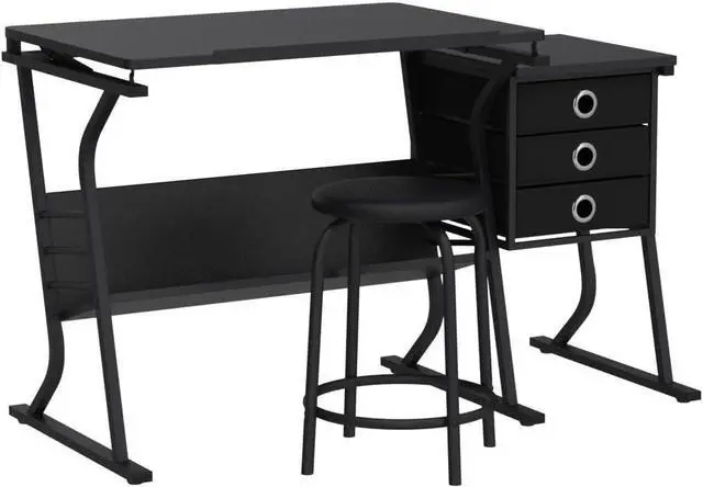 Alt view image 4 of 7 - Topeakmart Height Adjustable Drafting Table Art Craft Desk Work Station Hobby Design Studio Tiltable Tabletop Drawing Desk with Stool & Storage Drawers