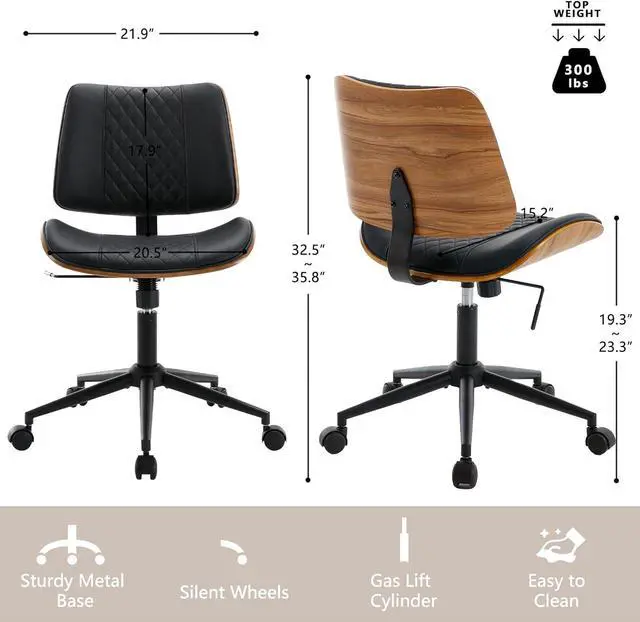 Alt view image 2 of 7 - Home Office Chair No Arms with Wheels, Adjustable Height Small Desk Chair, PU Leather Mid Back 360 Swivel Computer Chair, Armless Modern Walnut Chair for Office, Reading Meeting Room(Black)