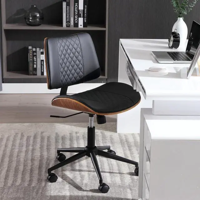 Alt view image 4 of 7 - Home Office Chair No Arms with Wheels, Adjustable Height Small Desk Chair, PU Leather Mid Back 360 Swivel Computer Chair, Armless Modern Walnut Chair for Office, Reading Meeting Room(Black)