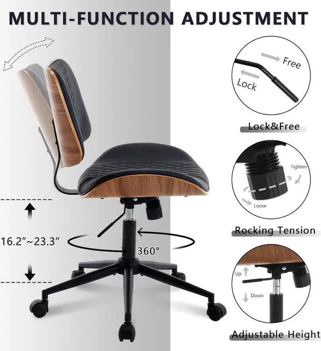 Alt view image 5 of 7 - Home Office Chair No Arms with Wheels, Adjustable Height Small Desk Chair, PU Leather Mid Back 360 Swivel Computer Chair, Armless Modern Walnut Chair for Office, Reading Meeting Room(Black)