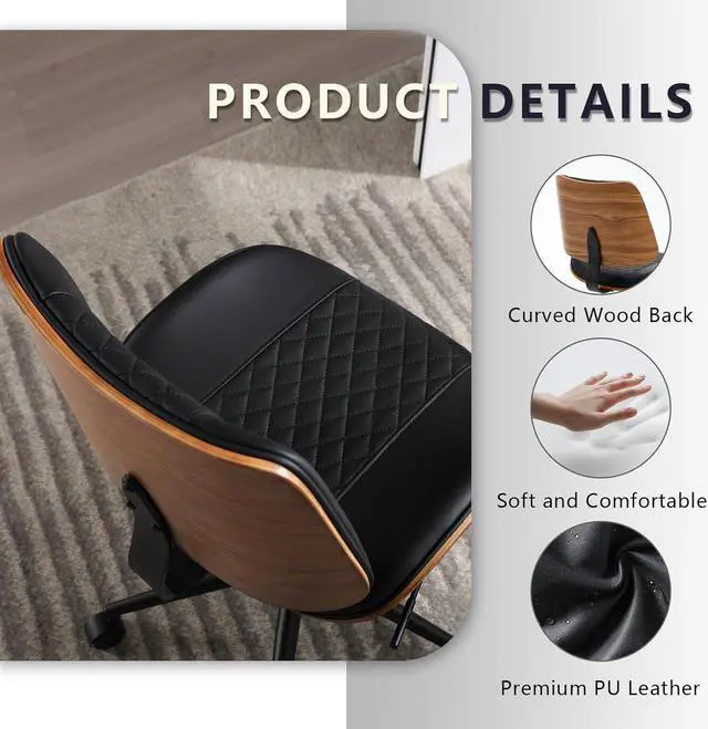 Alt view image 6 of 7 - Home Office Chair No Arms with Wheels, Adjustable Height Small Desk Chair, PU Leather Mid Back 360 Swivel Computer Chair, Armless Modern Walnut Chair for Office, Reading Meeting Room(Black)