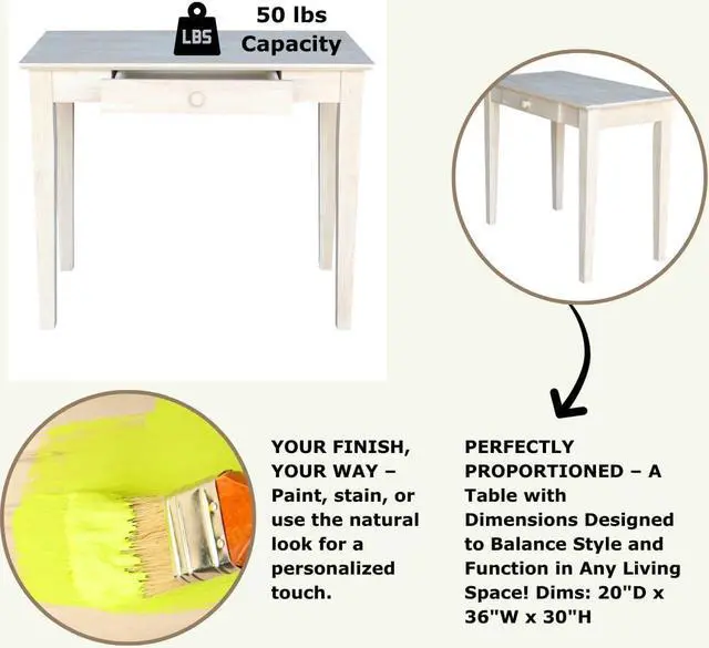 Alt view image 5 of 7 - International Concepts 30" H Writing Table With Drawer Home Reception School Desk/Office Furniture, Eco-Friendly/Solid/Sturdy Parawood, Paint/Stain It Your Way, Unfinished