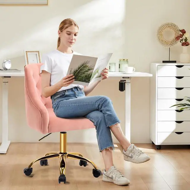 Alt view image 2 of 7 - MOJAY Velvet Office Swivel Chair, Vanity Fabric Desk Pretty Fancy Gold Office Chairs for Girls, 360°Swivel Height Adjustable Reception Chair (Pink)