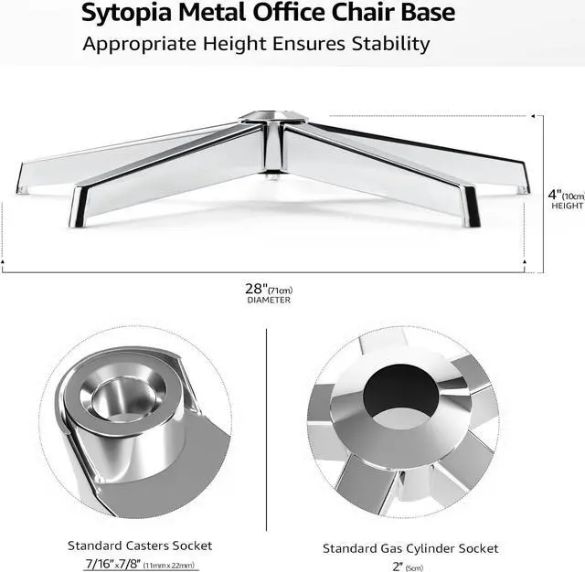 Alt view image 3 of 7 - Sytopia Office Chair Base, 28'' Desk Chair Base Replacement with Reinforced Metal Legs (2300Lbs), Chair Bottom Part for Most Chairs, Universal Gas Cylinder and Caster Sockets, Sliver