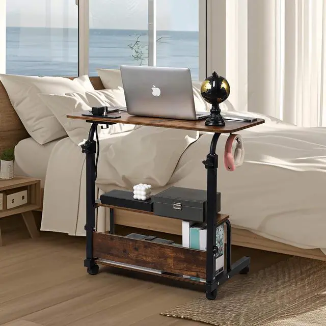 Alt view image 2 of 6 - Standing Desk Small Computer Desk,Small Desk for Bedroom,Corner Desk for Small Space,Small Office Desk Adjustable Desk,Mini Desk Stand Up Desk Laptop Desk,Portable Rolling Desk 31.5 Inch Brownish C