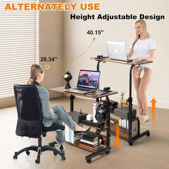 Alt view image 3 of 6 - Standing Desk Small Computer Desk,Small Desk for Bedroom,Corner Desk for Small Space,Small Office Desk Adjustable Desk,Mini Desk Stand Up Desk Laptop Desk,Portable Rolling Desk 31.5 Inch Brownish C