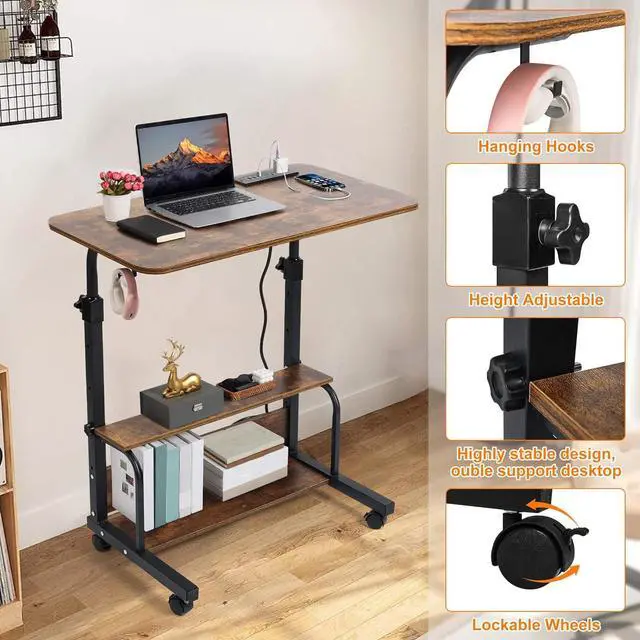 Alt view image 4 of 6 - Standing Desk Small Computer Desk,Small Desk for Bedroom,Corner Desk for Small Space,Small Office Desk Adjustable Desk,Mini Desk Stand Up Desk Laptop Desk,Portable Rolling Desk 31.5 Inch Brownish C