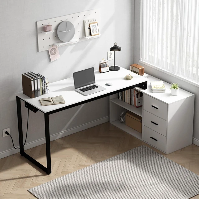 Main image of Home Office Computer Desk with Power Outlet,55 Inch Large L Shaped Desk with Drawers and Shelves,White Business Furniture Desk Workstation for Home Office